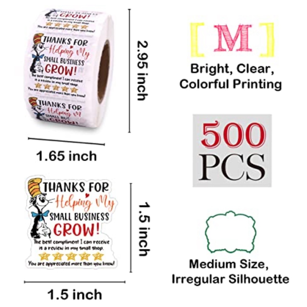 Cat in the Hat Thanks for Helping My Small Business Grow Stickers, 500 pcs